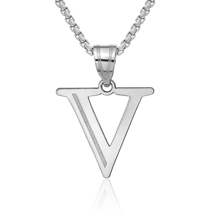 14K Solid White Gold Dainty Letter V Initial Name Monogram Necklace Chain Pendant Charm