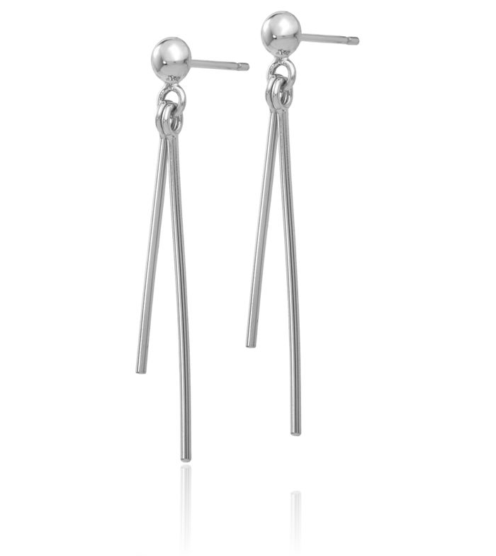 14K Solid White Gold Post Line Bar Drop Dangle Earrings