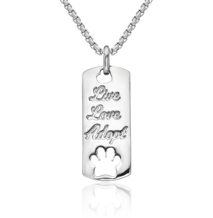 14K Solid White Gold Live Love Adopt Paw Print Pet Dag Tag Necklace Chain Pendant Charm