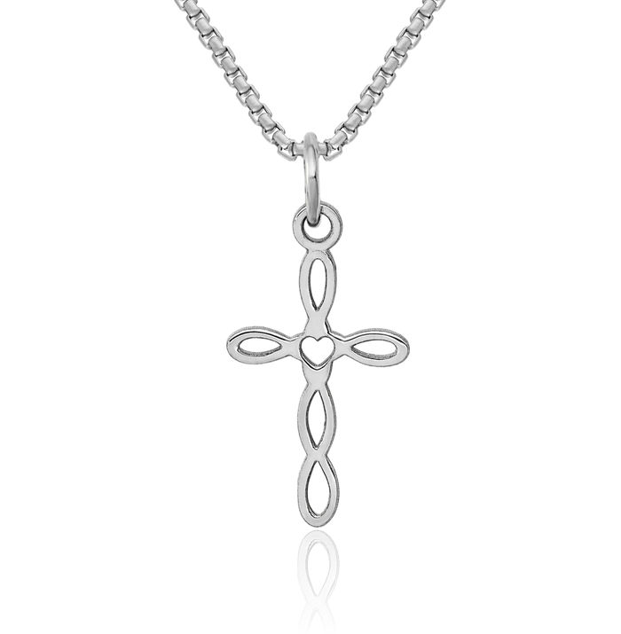 14K Solid White Gold Loop Heart Holy Cross Necklace Religious Chain Pendant Jesus Christ Charm