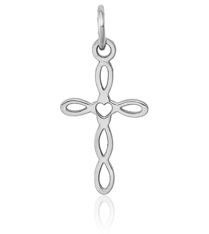 14K Solid White Gold Loop Heart Holy Cross Necklace Religious Chain Pendant Jesus Christ Charm