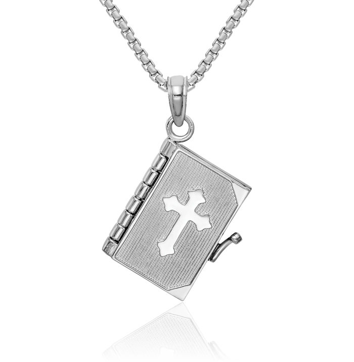 14K Solid White Gold Lords Prayer Bible Necklace Chain Pendant Charm