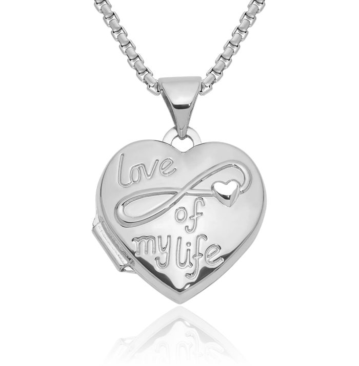 14K Solid White Gold Love of My Life Heart Personalized Photo Locket Necklace Picture Pendant Charm