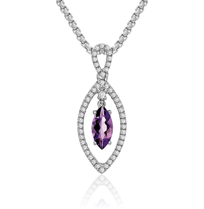 14K Solid White Gold Marquise Purple Amethyst Diamond Floating Chain Slide Gemstone Pendant Necklace Charm