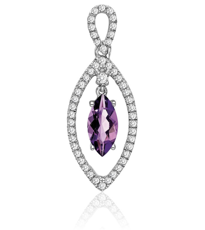 14K Solid White Gold Marquise Purple Amethyst Diamond Floating Chain Slide Gemstone Pendant Necklace Charm