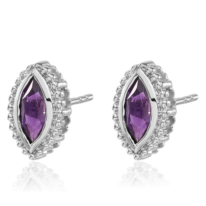 14K Solid White Gold Marquise Purple Amethyst Stud Earrings February Birthstone Jewelry