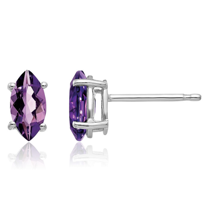14K Solid White Gold Marquise Purple Amethyst Studs Gemstone Earrings February Birthstone Jewelry