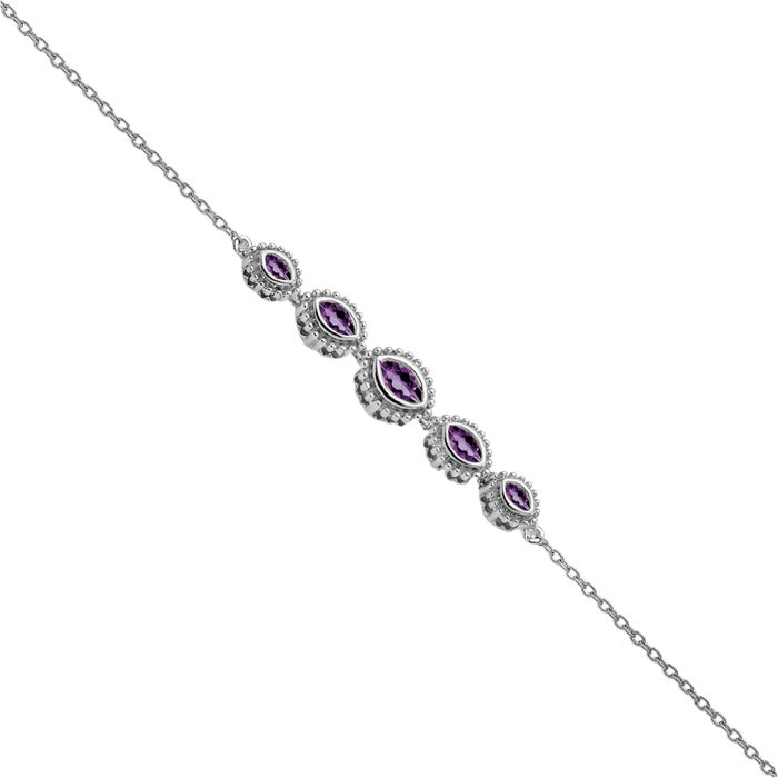 14K Solid White Gold Marquise Purple Amethyst Chain Gemstone Tennis Bracelet