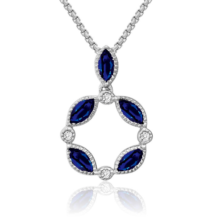 14K Solid White Gold Marquise Blue Sapphire Diamond Necklace Charm Gemstone Pendant