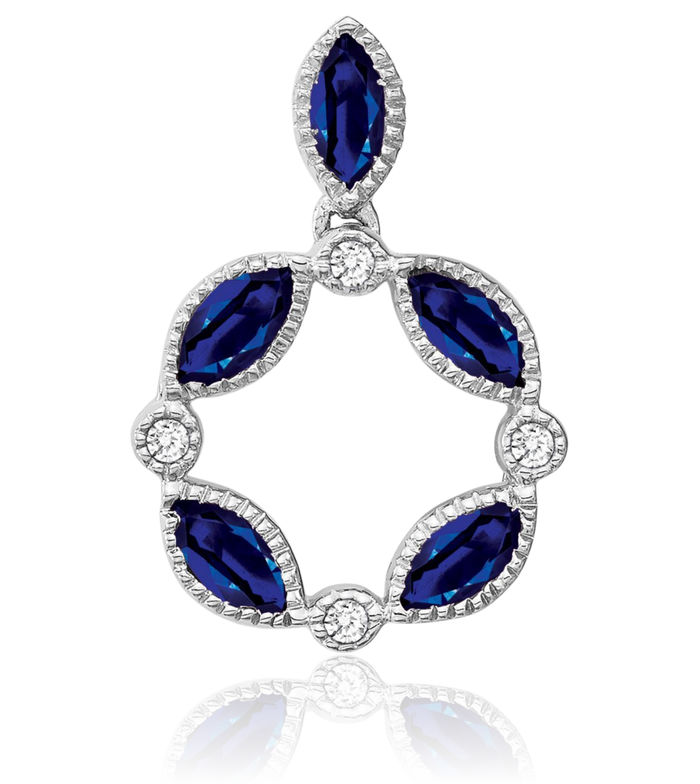 14K Solid White Gold Marquise Blue Sapphire Diamond Necklace Charm Gemstone Pendant