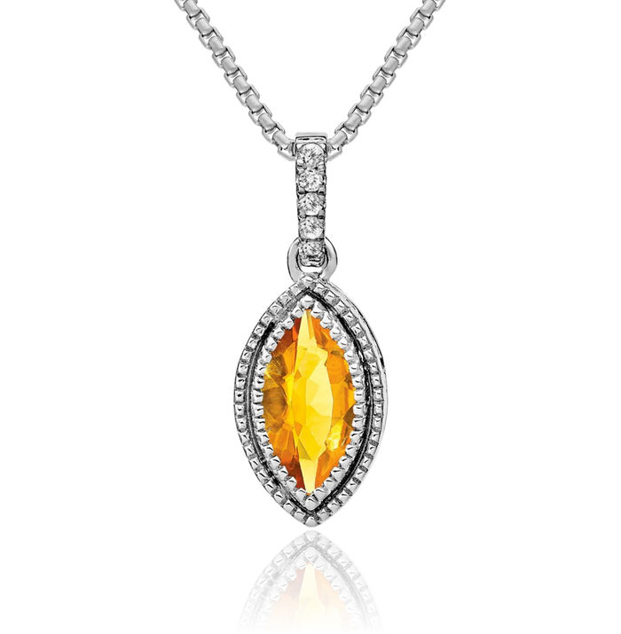 14K Solid White Gold Marquise Yellow Orange Citrine Diamond Necklace Charm Gemstone Pendant