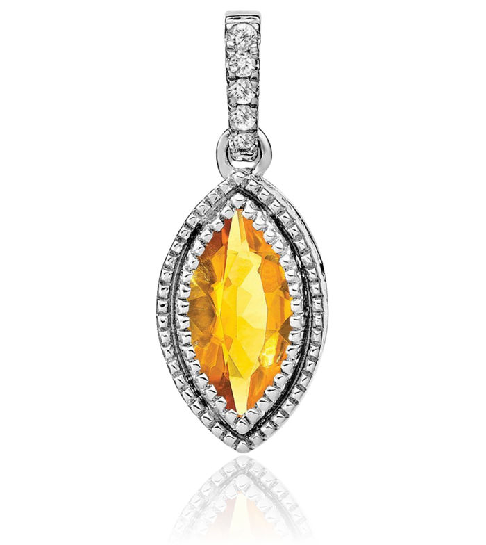 14K Solid White Gold Marquise Yellow Orange Citrine Diamond Necklace Charm Gemstone Pendant