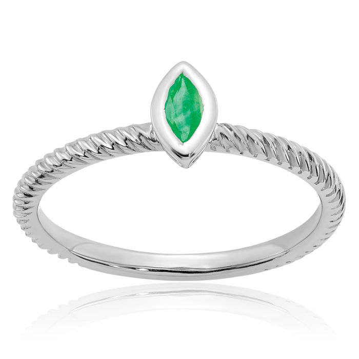 14K Solid White Gold Marquise Green Emerald Ring Gemstone Band