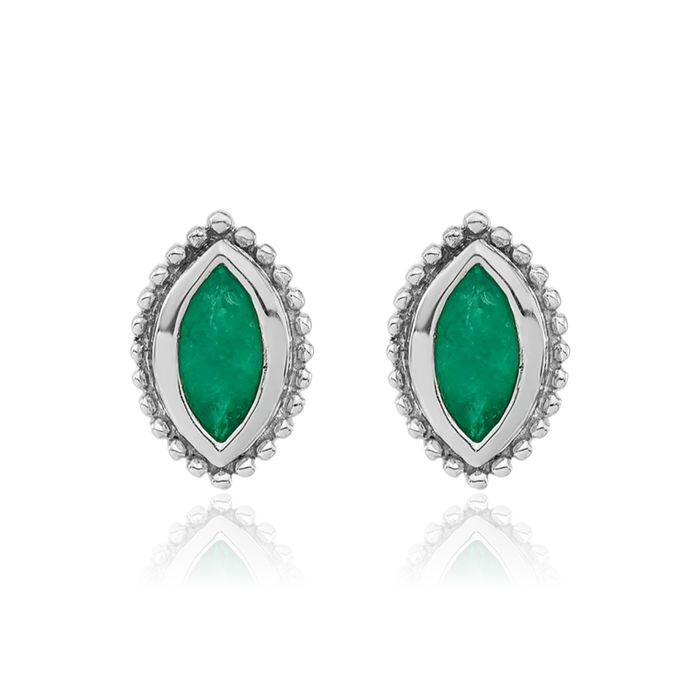 14K Solid White Gold Marquise Green Emerald Stud Earrings May Birthstone Jewelry