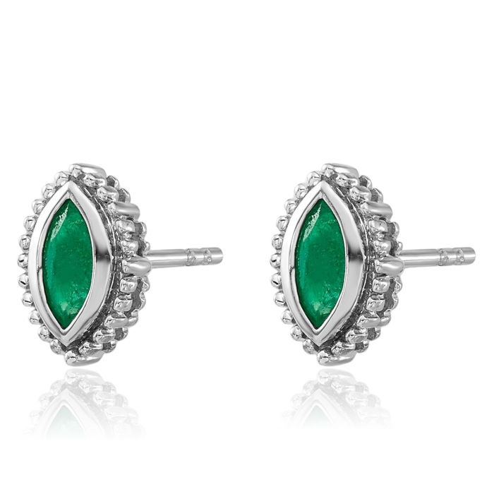 14K Solid White Gold Marquise Green Emerald Stud Earrings May Birthstone Jewelry