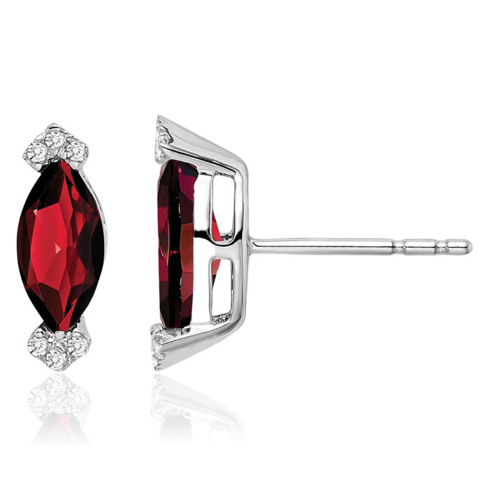 14K Solid White Gold Marquise Red Garnet Diamond Stud Earrings January Birthstone Jewelry