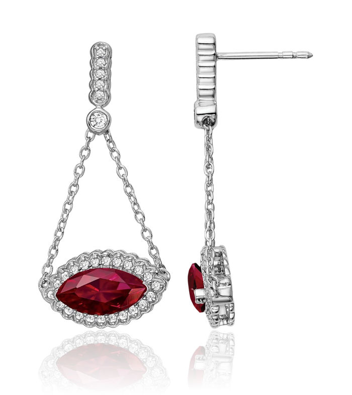 14K Solid White Gold Marquise Lab Red Ruby Diamond Drop Dangle Earrings Gemstone Post Push Back July Birthstone Jewelry