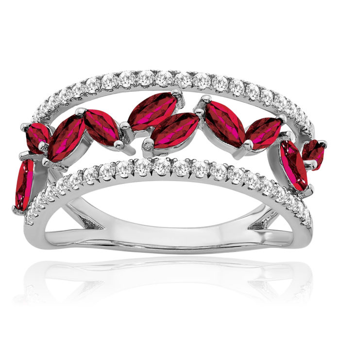 14K Solid White Gold Marquise Lab Red Ruby Diamond Ring July Birthstone Jewelry