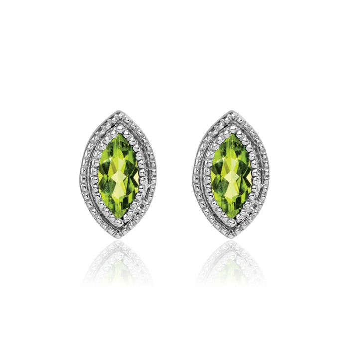 14K Solid White Gold Marquise Green Peridot Diamond Stud Earrings August Birthstone Jewelry