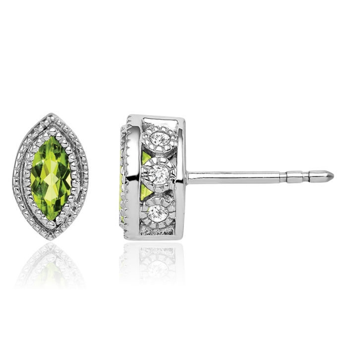 14K Solid White Gold Marquise Green Peridot Diamond Stud Earrings August Birthstone Jewelry