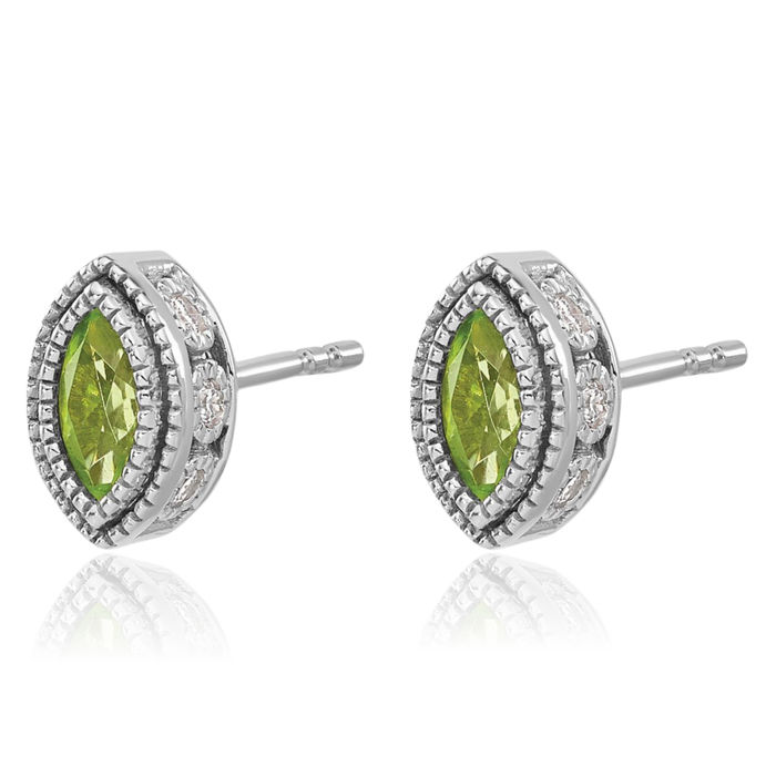 14K Solid White Gold Marquise Green Peridot Diamond Stud Earrings August Birthstone Jewelry