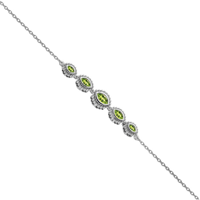 14K Solid White Gold Marquise Green Peridot Chain Gemstone Tennis Bracelet