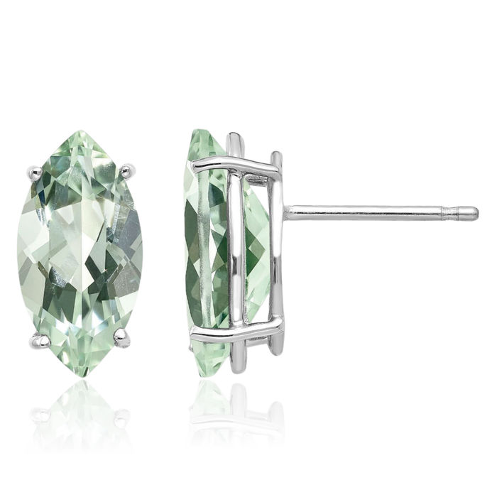 14K Solid White Gold Marquise 12 x 6mm Green Quartz Studs Gemstone Earrings August Birthstone Jewelry