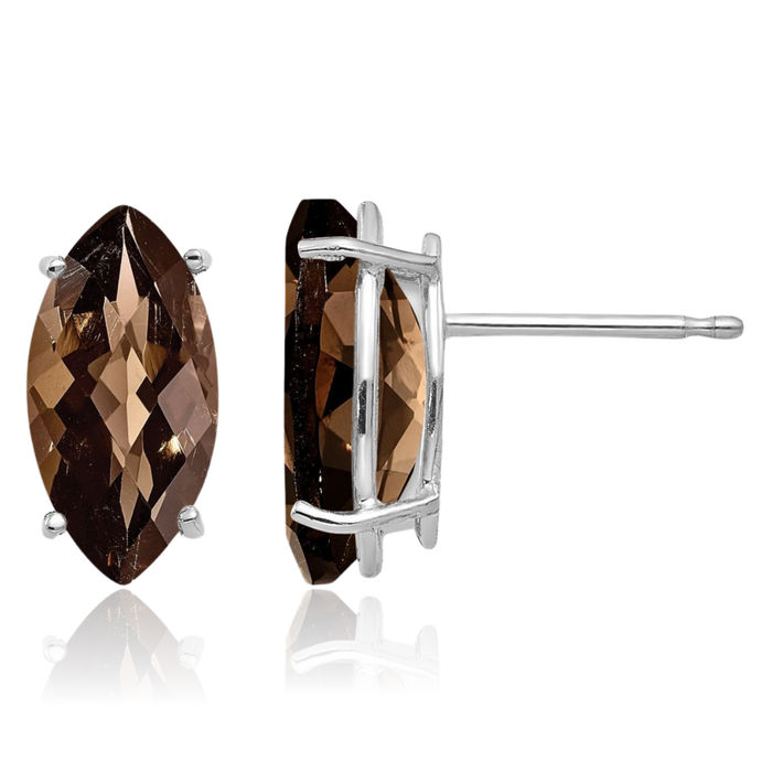 14K Solid White Gold Marquise Checker Cut Brown Smoky Quartz Studs Gemstone Earrings June Birthstone Jewelry