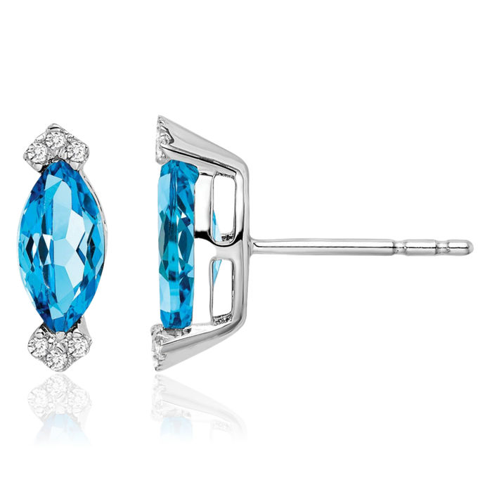 14K Solid White Gold Marquise Swiss Blue Topaz Diamond Stud Earrings December Birthstone Jewelry