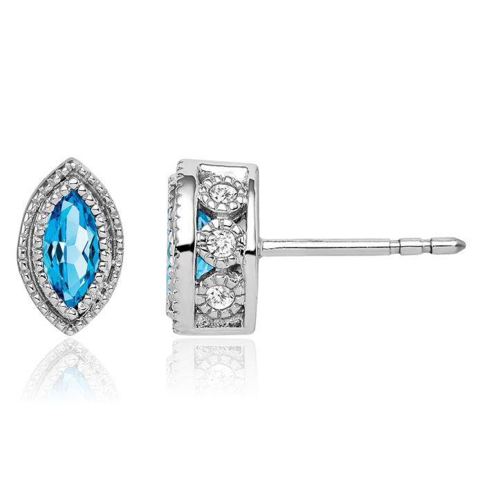 14K Solid White Gold Marquise Swiss Blue Topaz Diamond Stud Earrings December Birthstone Jewelry