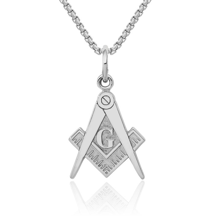 14K Solid White Gold Master Mason Signet Freemason Masonic Symbol Necklace Chain Pendant Charm