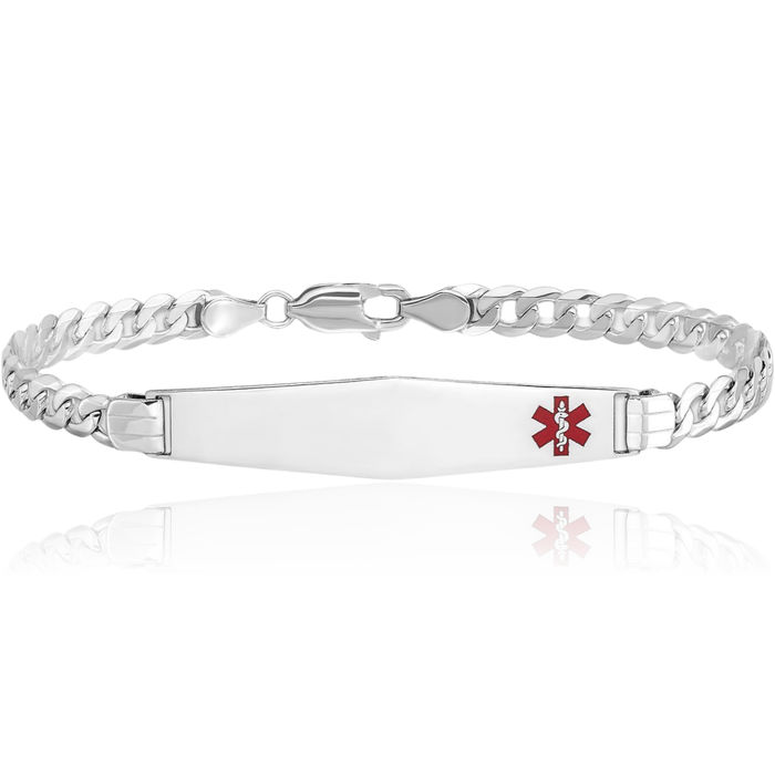 14K Solid White Gold Medical Alert Curb Link Name Bar Identification ID Bracelet