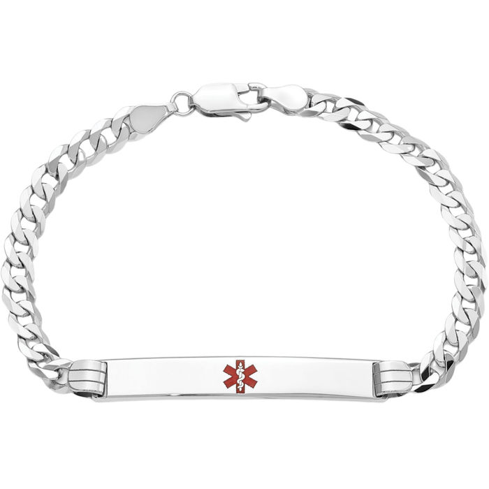 14K Solid White Gold Medical Alert Curb Link Name Bar Identification ID Bracelet