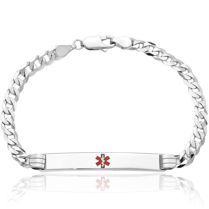 14K Solid White Gold Medical Alert Curb Link Name Bar Identification ID Bracelet