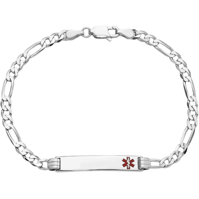 14K Solid White Gold Medical Alert Figaro Link Name Bar Identification ID Bracelet