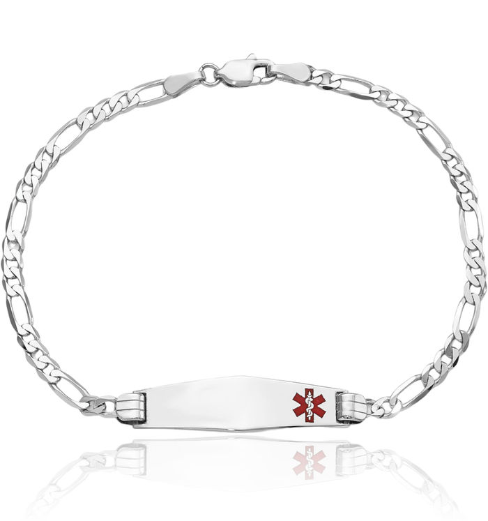 14K Solid White Gold Medical Alert Figaro Link Name Bar Identification ID Bracelet
