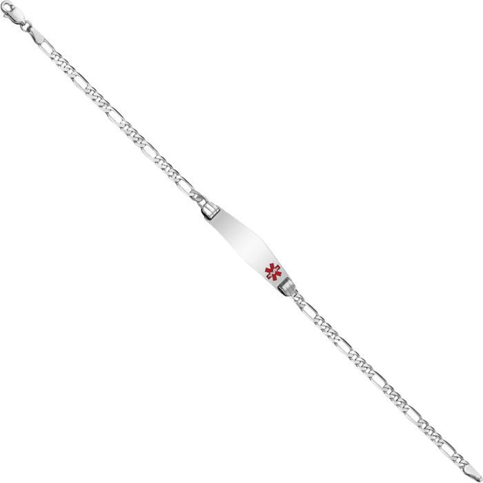 14K Solid White Gold Medical Alert Figaro Link Name Bar Identification ID Bracelet