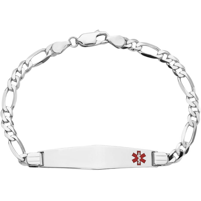 14K Solid White Gold Medical Alert Figaro Link Name Bar Identification ID Bracelet