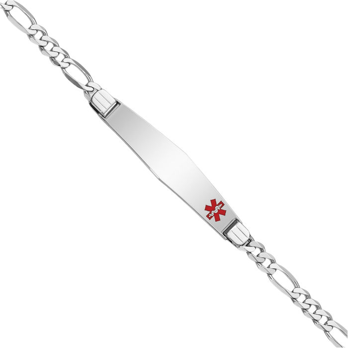 14K Solid White Gold Medical Alert Figaro Link Name Bar Identification ID Bracelet