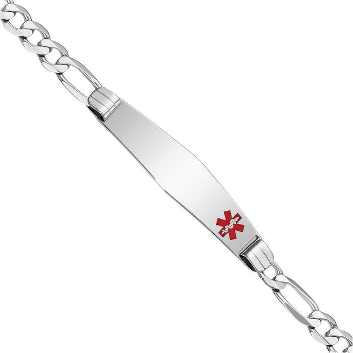 14K Solid White Gold Medical Alert Figaro Link Name Bar Identification ID Bracelet