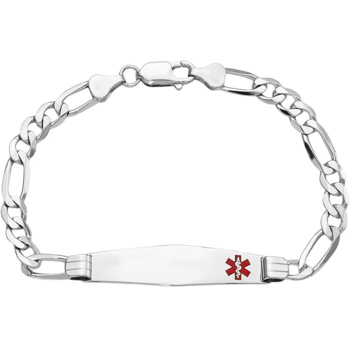 14K Solid White Gold Medical Alert Figaro Link Name Bar Identification ID Bracelet