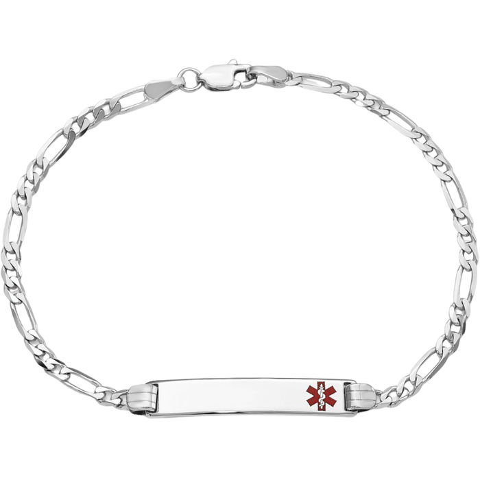 14K Solid White Gold Medical Alert Figaro Link Name Bar Identification ID Bracelet