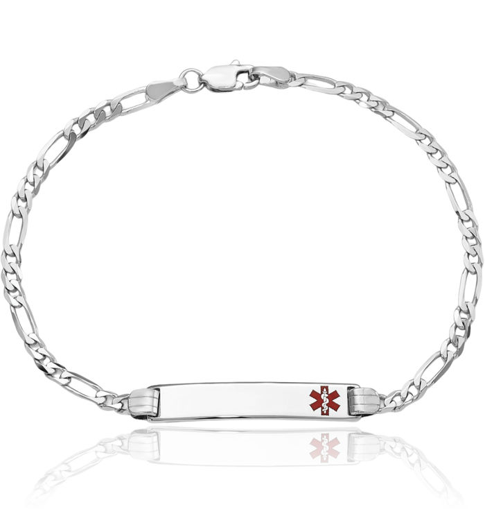 14K Solid White Gold Medical Alert Figaro Link Name Bar Identification ID Bracelet