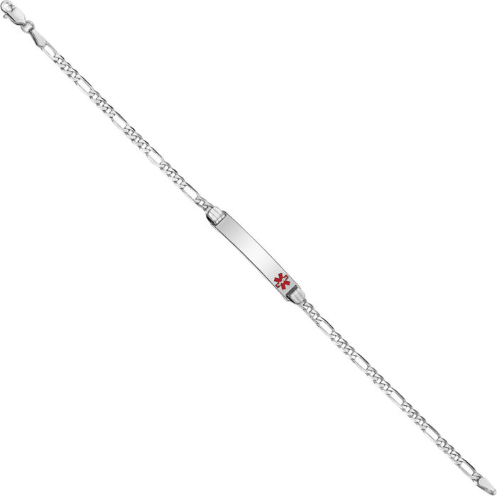 14K Solid White Gold Medical Alert Figaro Link Name Bar Identification ID Bracelet