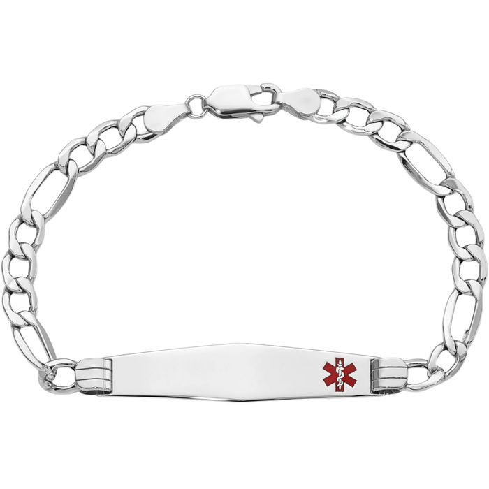 14K Solid White Gold Medical Alert Figaro Link Name Bar Identification ID Bracelet