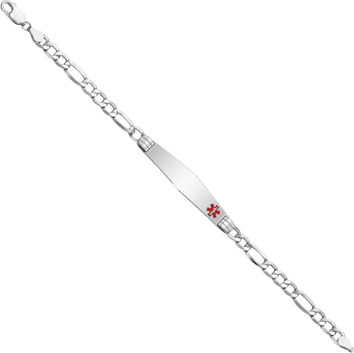 14K Solid White Gold Medical Alert Figaro Link Name Bar Identification ID Bracelet
