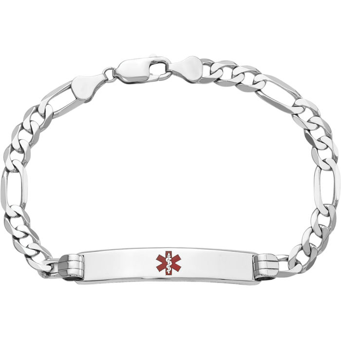 14K Solid White Gold Medical Alert Figaro Link Name Bar Identification ID Bracelet