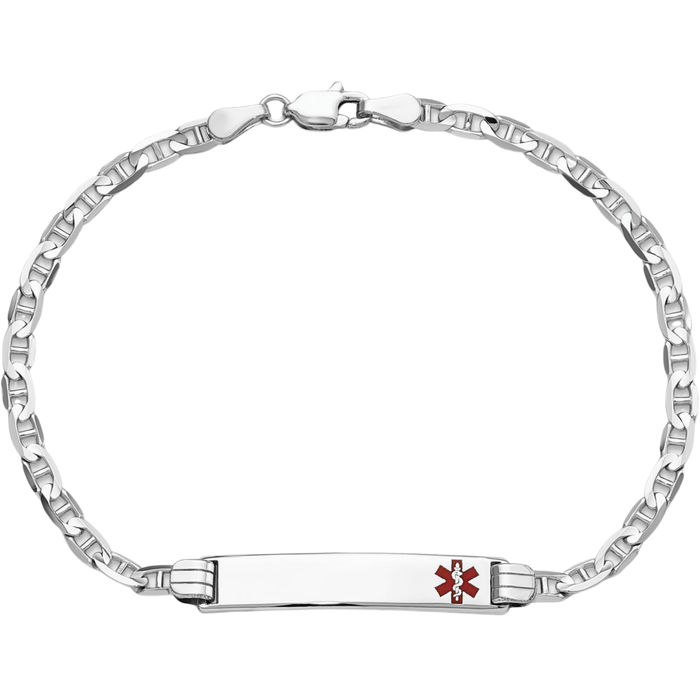 14K Solid White Gold Medical Alert Anchor Mariner Link Name Bar Identification ID Bracelet