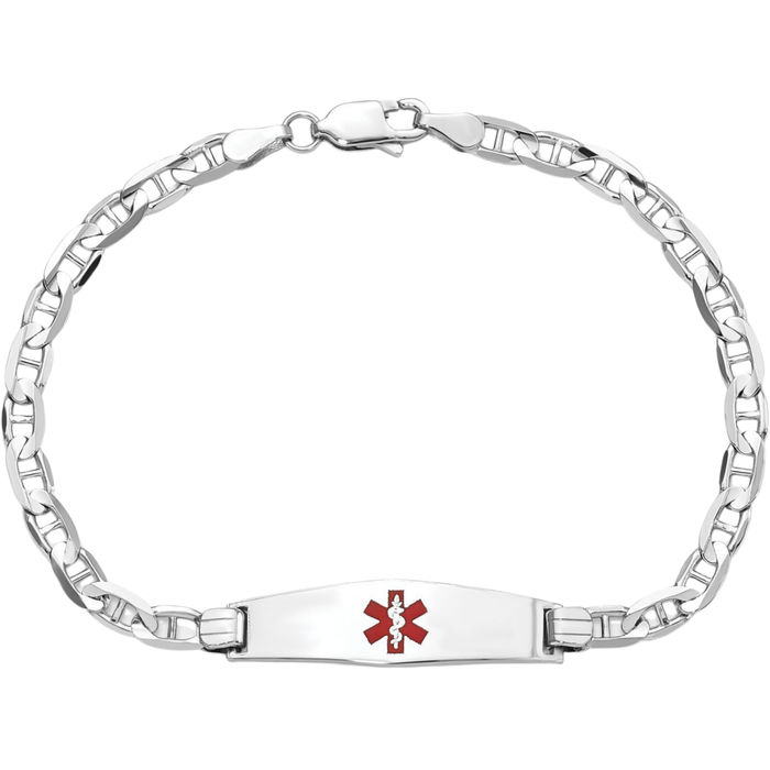 14K Solid White Gold Medical Alert Anchor Mariner Link Name Bar Identification ID Bracelet