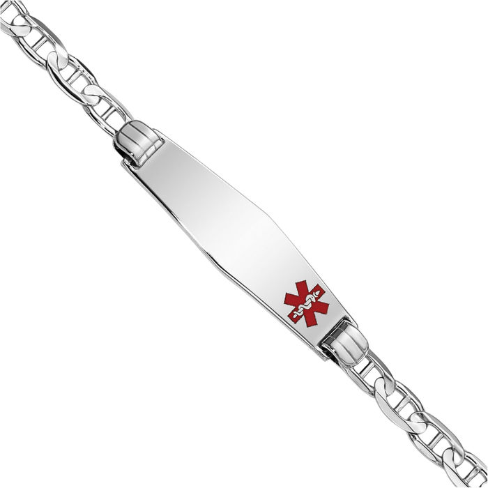 14K Solid White Gold Medical Alert Anchor Mariner Link Name Bar Identification ID Bracelet